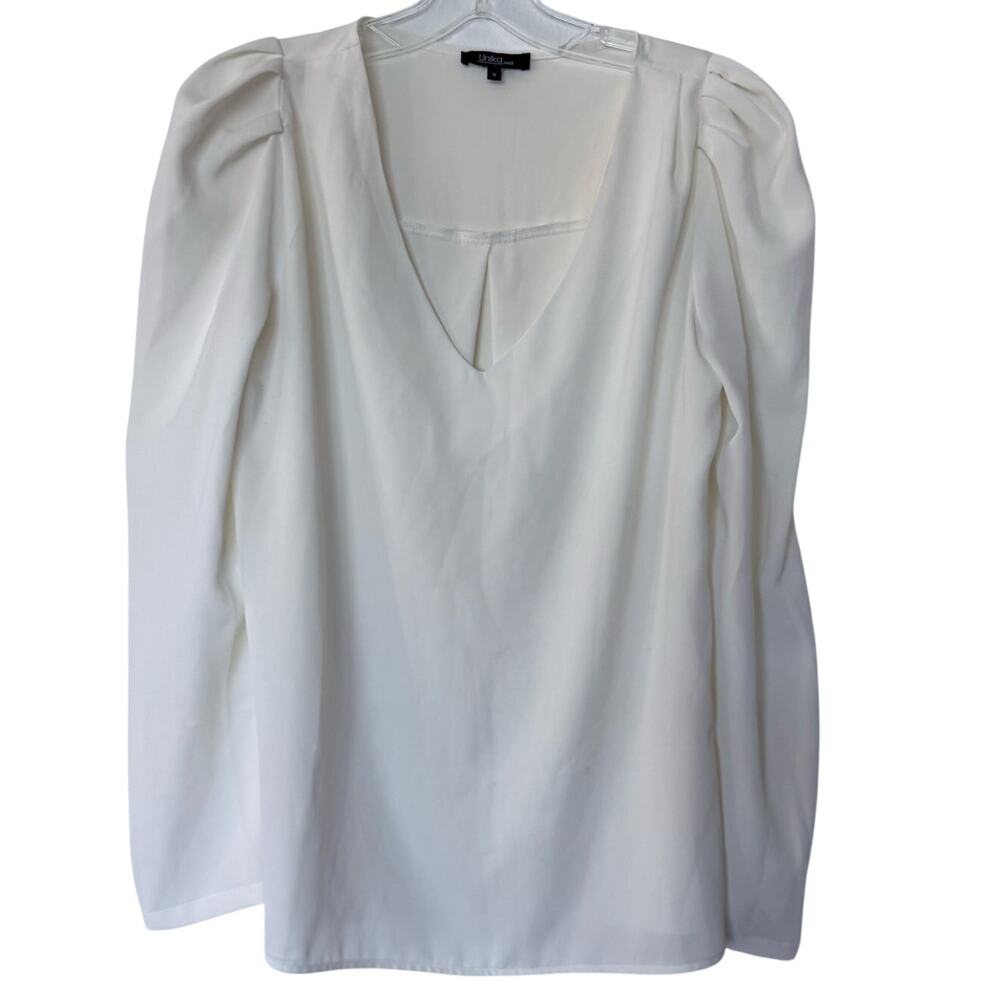 Unika Long Sleeve V-Neck Blouse Pullover Puff Sleeve Top White Size Small